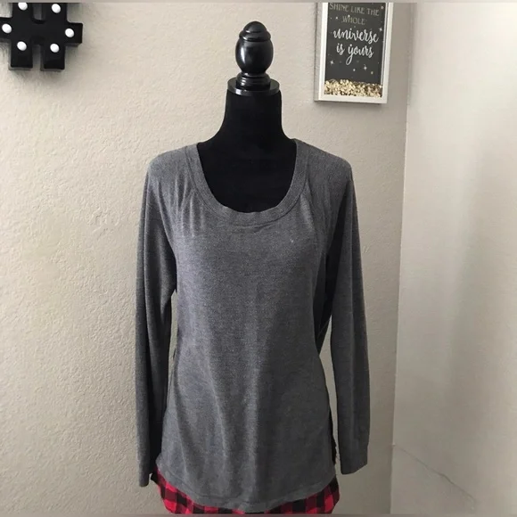 Faded Glory Women’s Gray Long Sleeve Top Tee with Plaid Hem Layered Look Size L - Picture 3 of 8